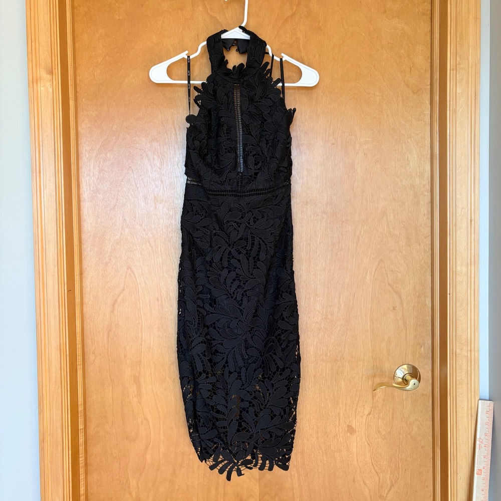 Bardot Black Lace Halter Neck Midi Dress Cutout Back Elegant Formal